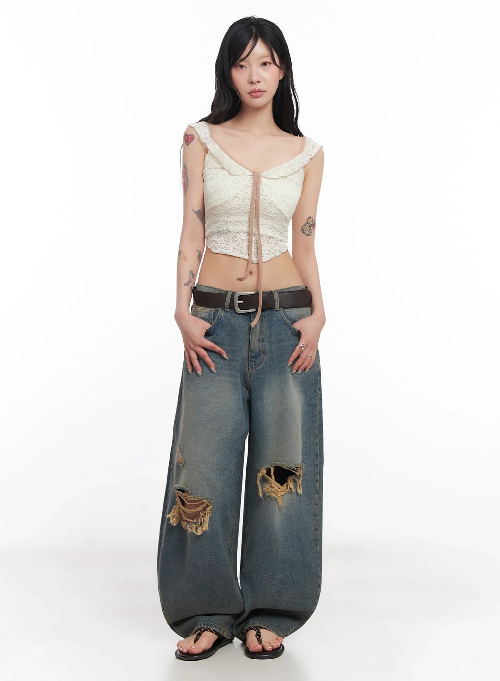 Jeemin Vintage Distressed Wide-Leg Denim Jeans IC503