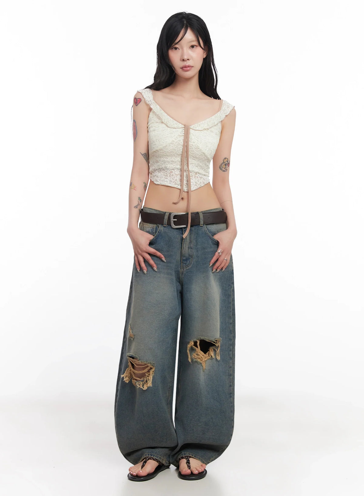 Jeemin Vintage Distressed Wide-Leg Denim Jeans IC503