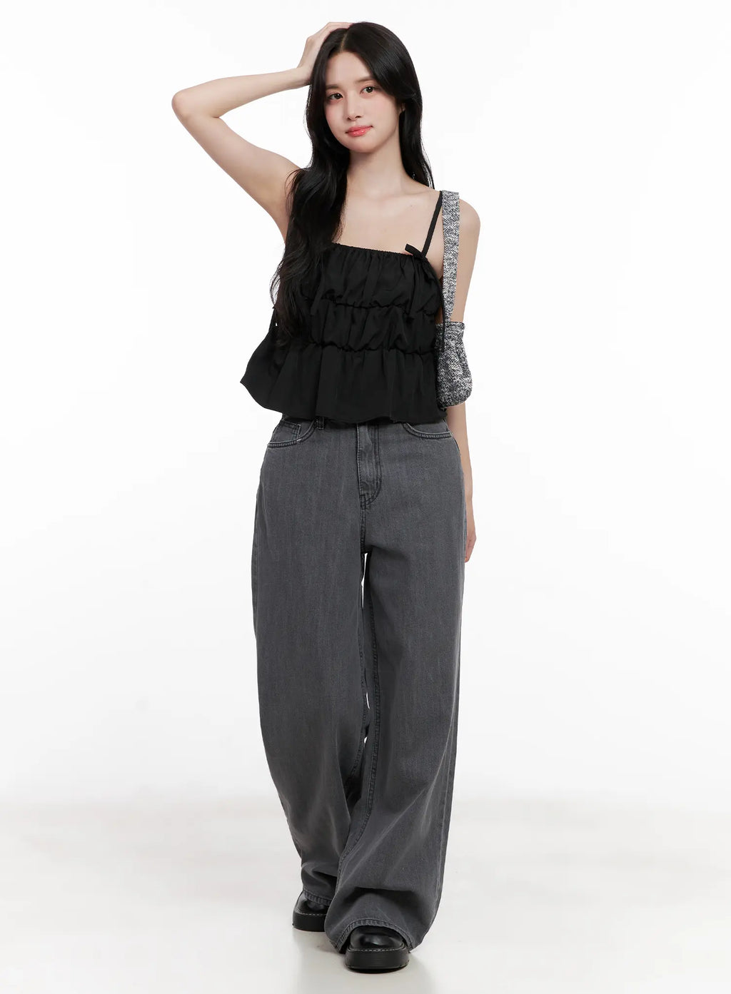 Ribbon Strap Ruffle Scrunch Tank CL516