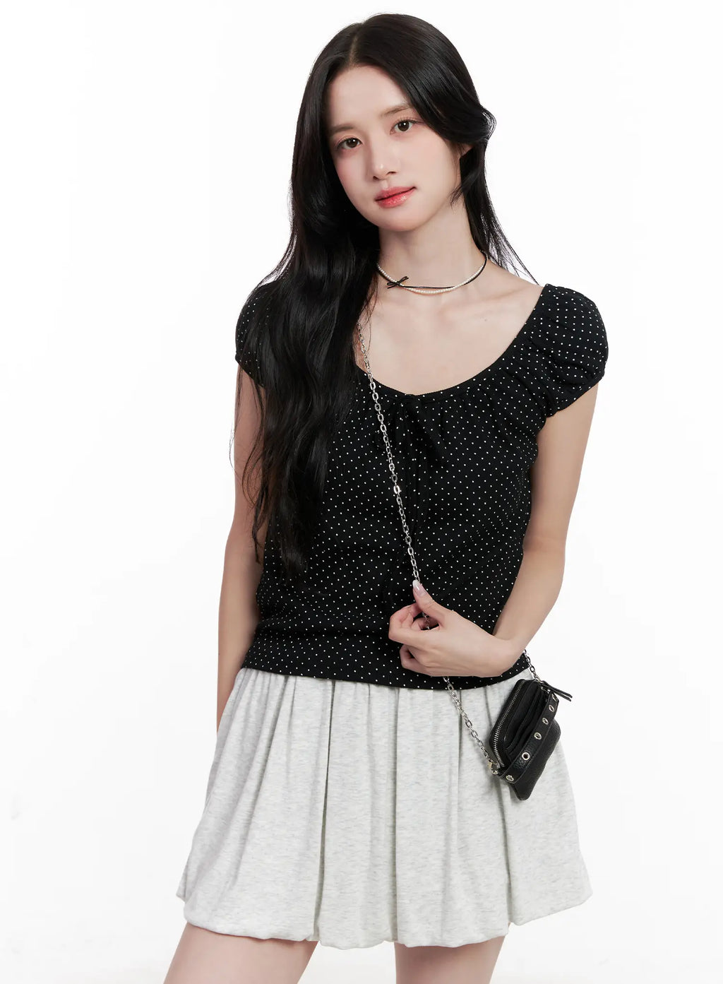 Polka Dot Puff-Sleeve Ribbon Top CL516