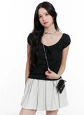 Polka Dot Puff-Sleeve Ribbon Top CL516