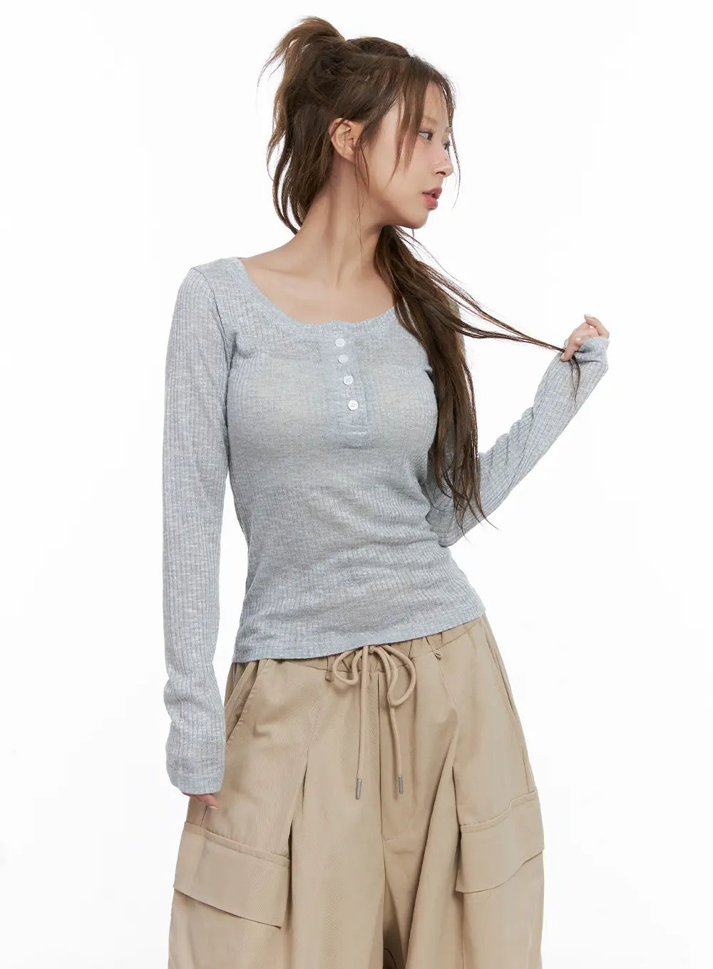 Ribbed Sheer Long-Sleeve Top CL514