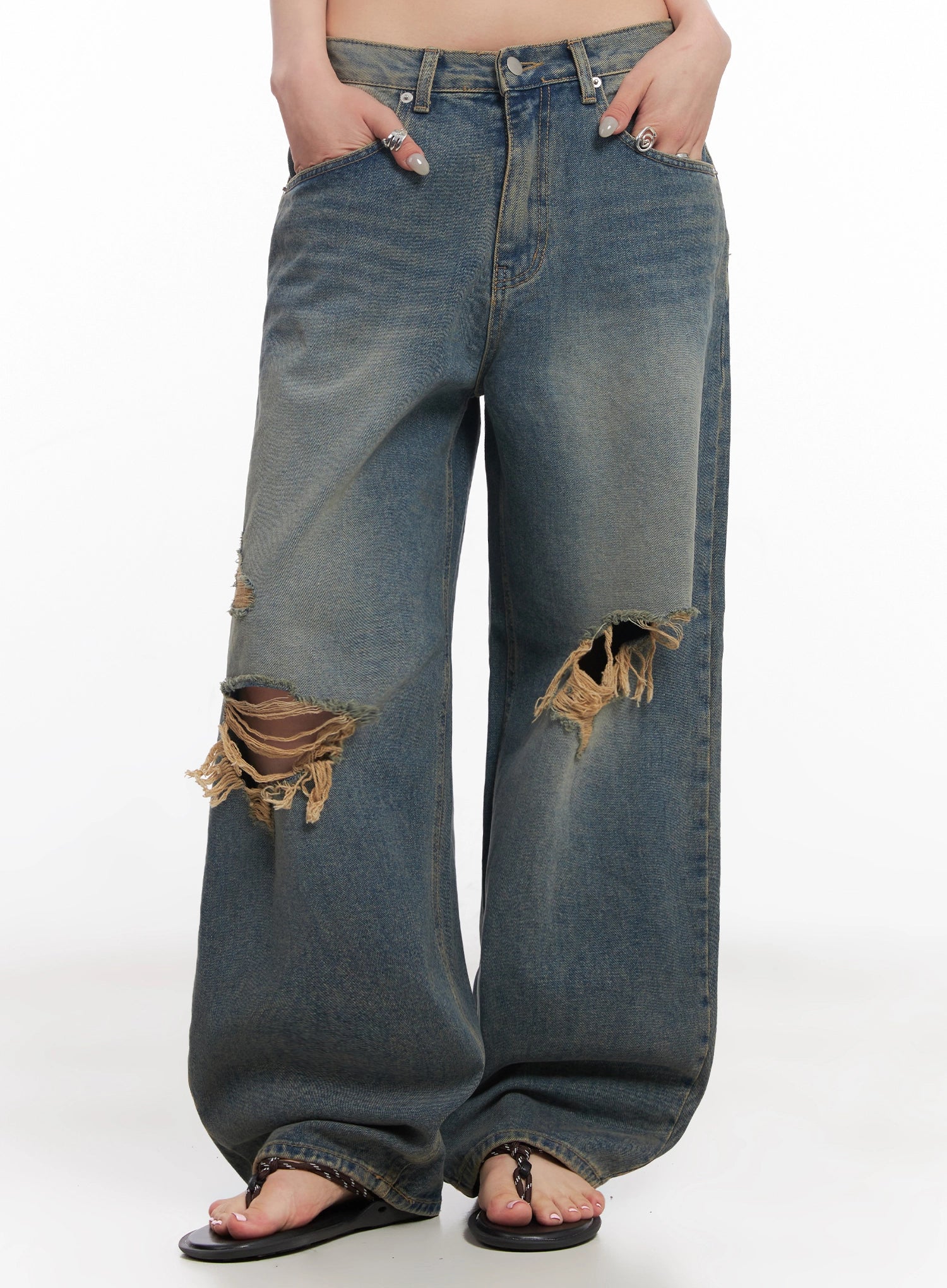 Jeemin Vintage Distressed Wide-Leg Denim Jeans IC503