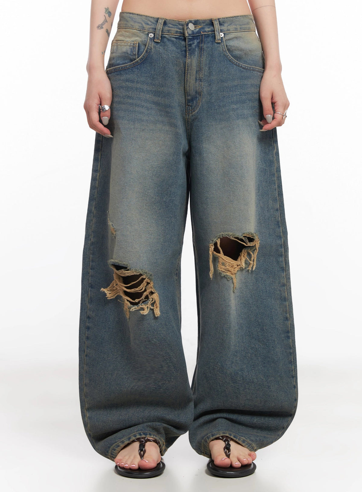 Jeemin Vintage Distressed Wide-Leg Denim Jeans IC503