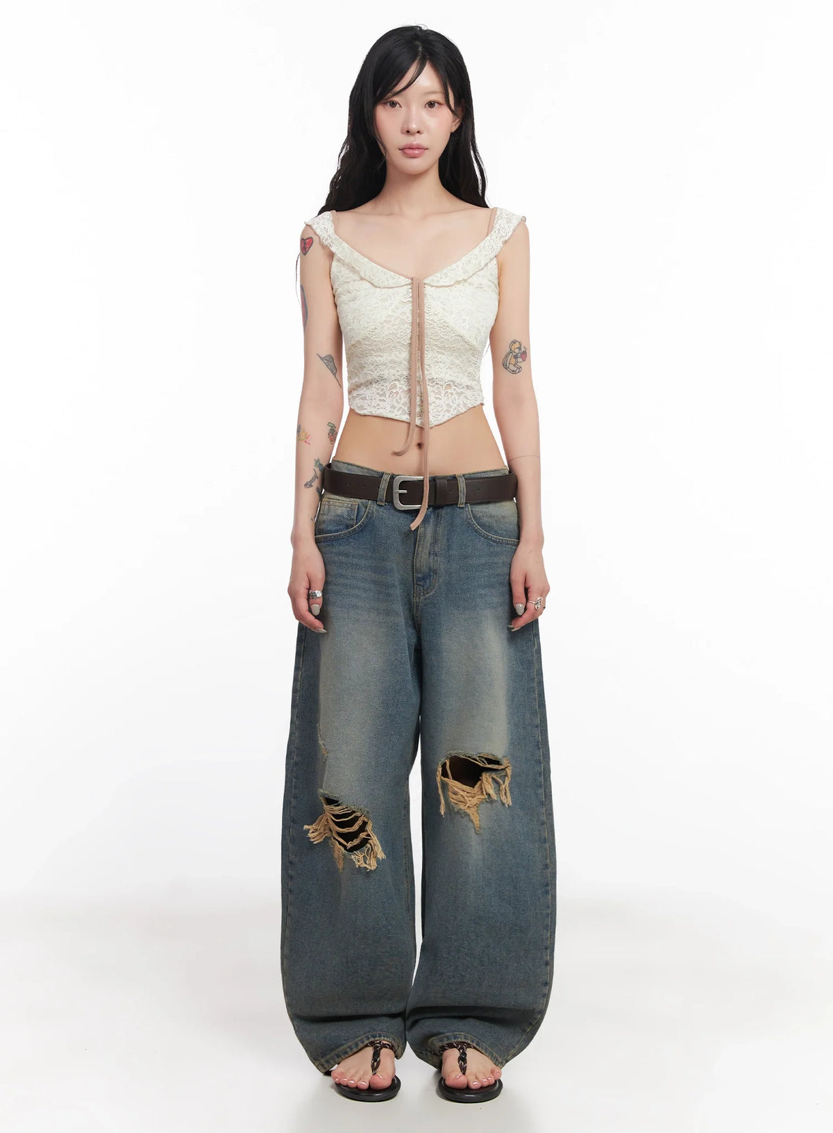 Jeemin Vintage Distressed Wide-Leg Denim Jeans IC503