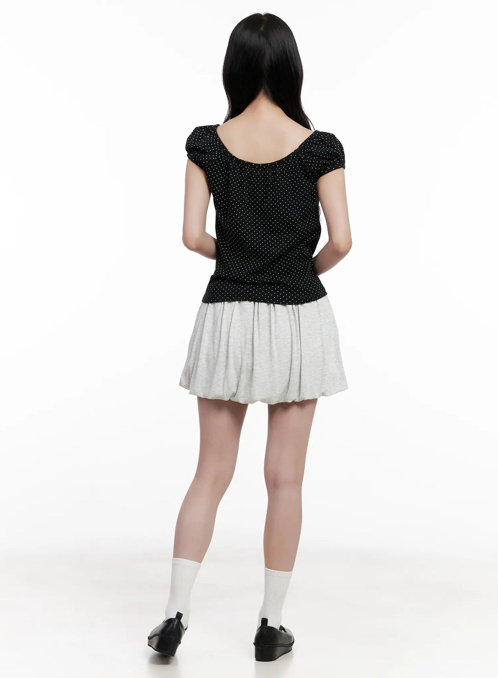 Polka Dot Puff-Sleeve Ribbon Top CL516