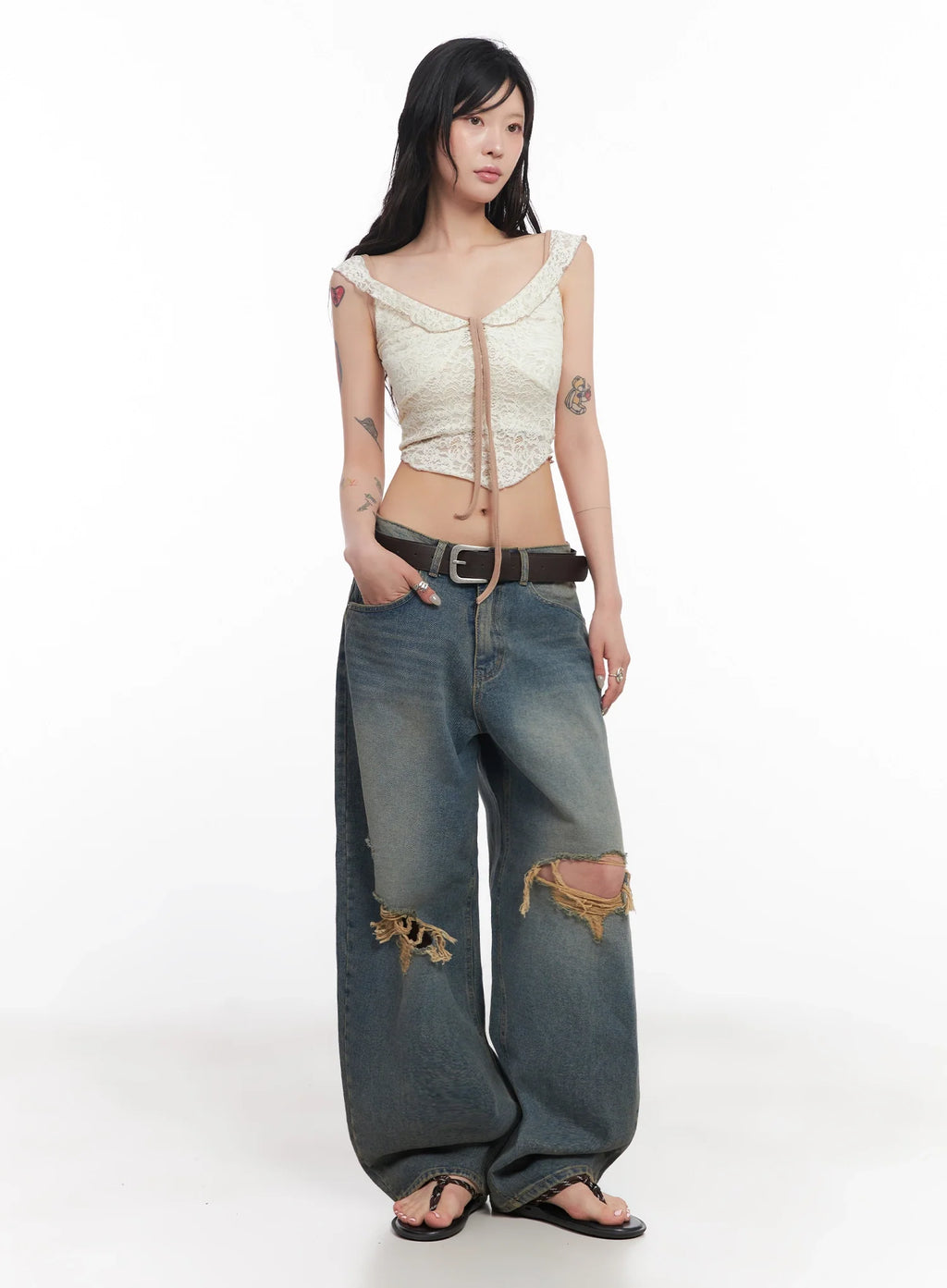 Jeemin Vintage Distressed Wide-Leg Denim Jeans IC503