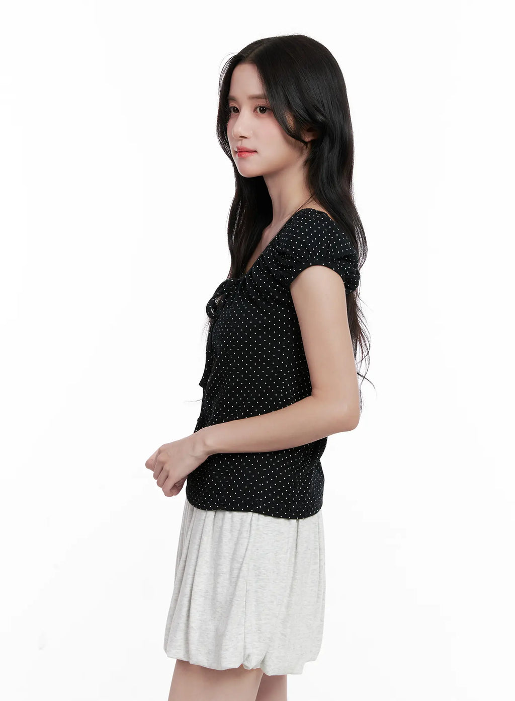 Polka Dot Puff-Sleeve Ribbon Top CL516