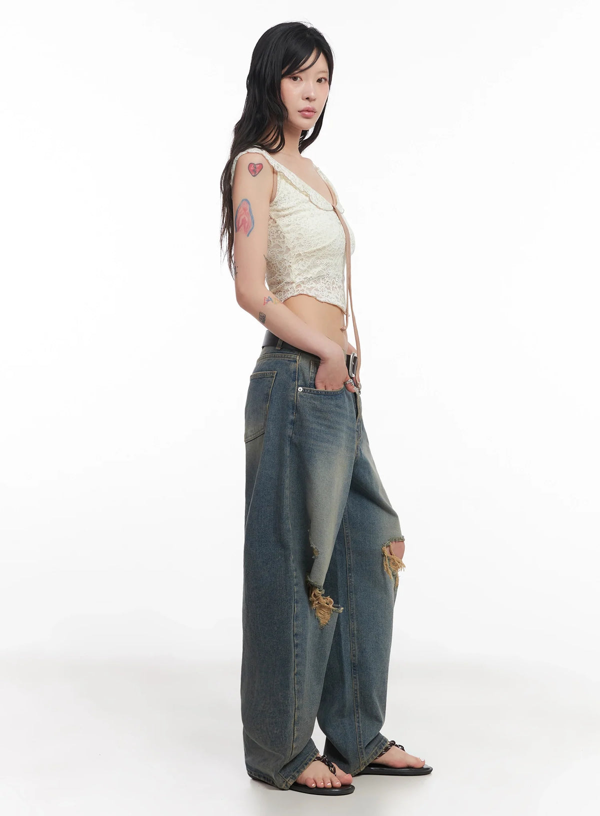 Jeemin Vintage Distressed Wide-Leg Denim Jeans IC503