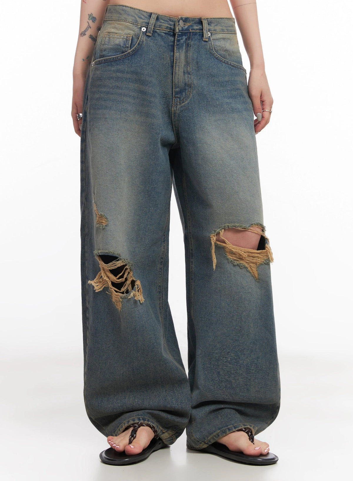 Jeemin Vintage Distressed Wide-Leg Denim Jeans IC503