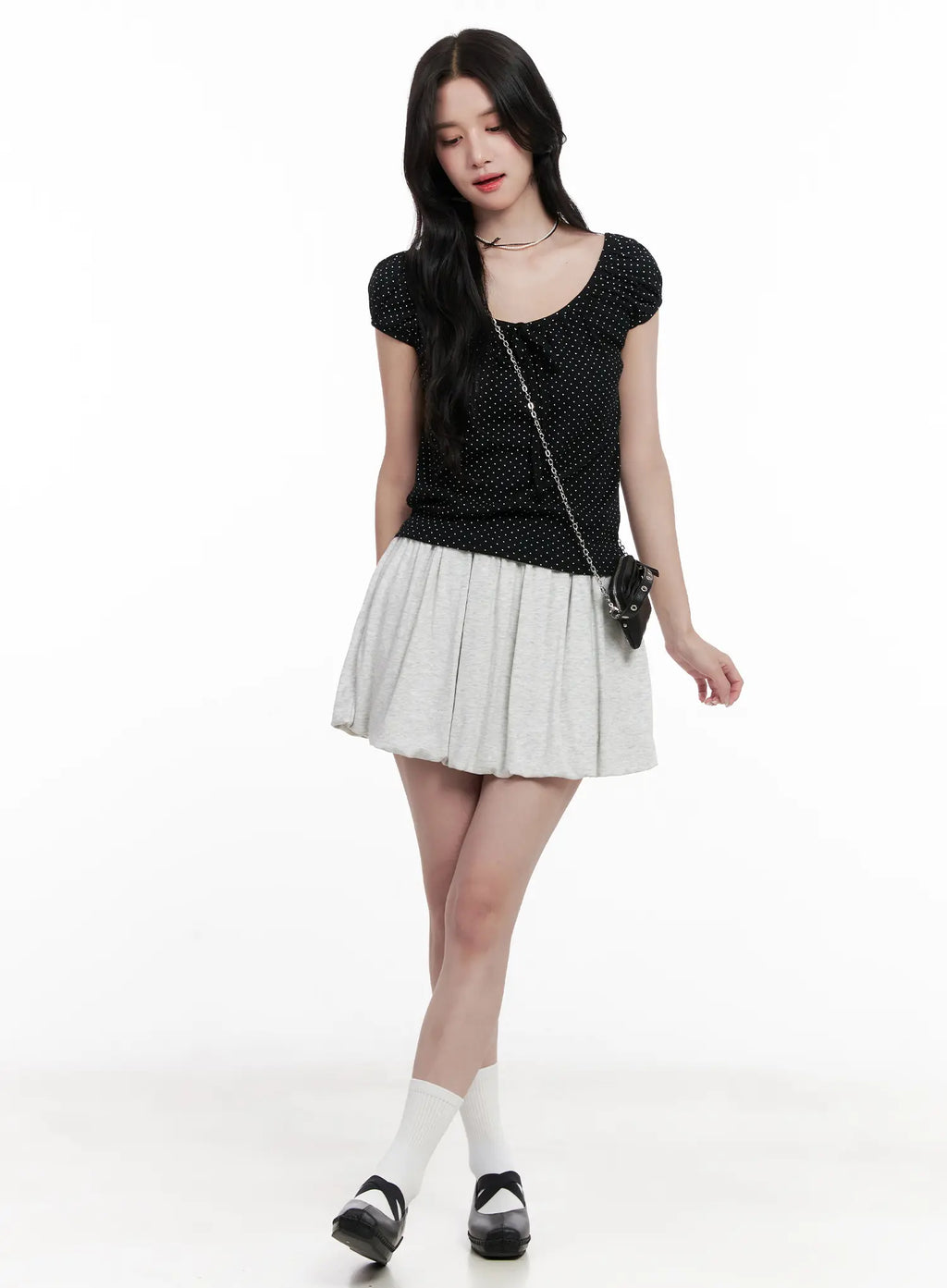 Polka Dot Puff-Sleeve Ribbon Top CL516