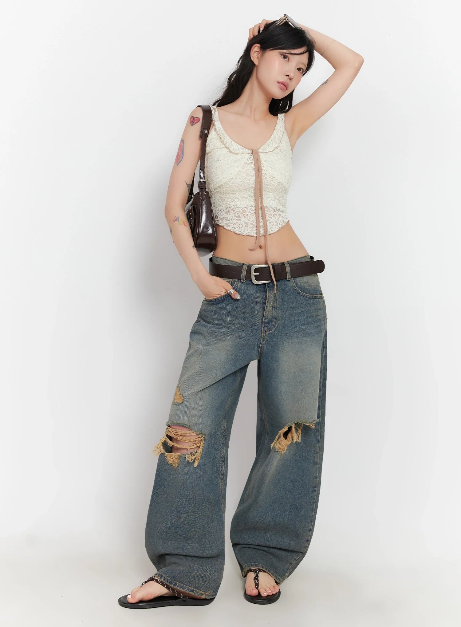 Jeemin Vintage Distressed Wide-Leg Denim Jeans IC503