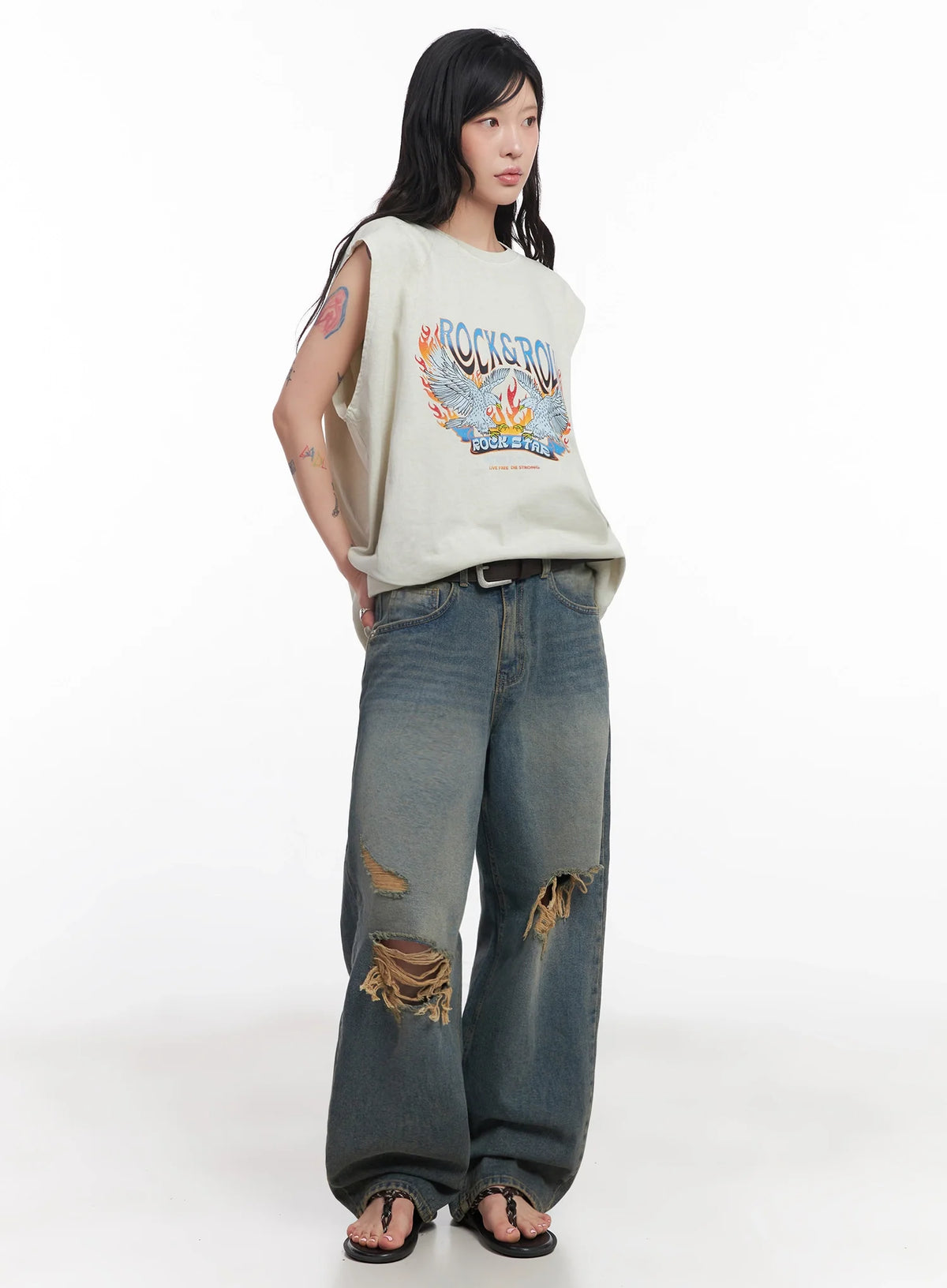Jeemin Vintage Distressed Wide-Leg Denim Jeans IC503