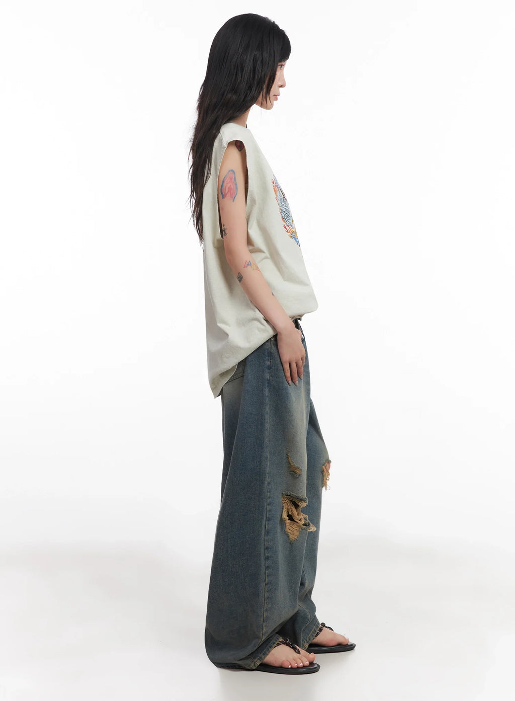 Jeemin Vintage Distressed Wide-Leg Denim Jeans IC503