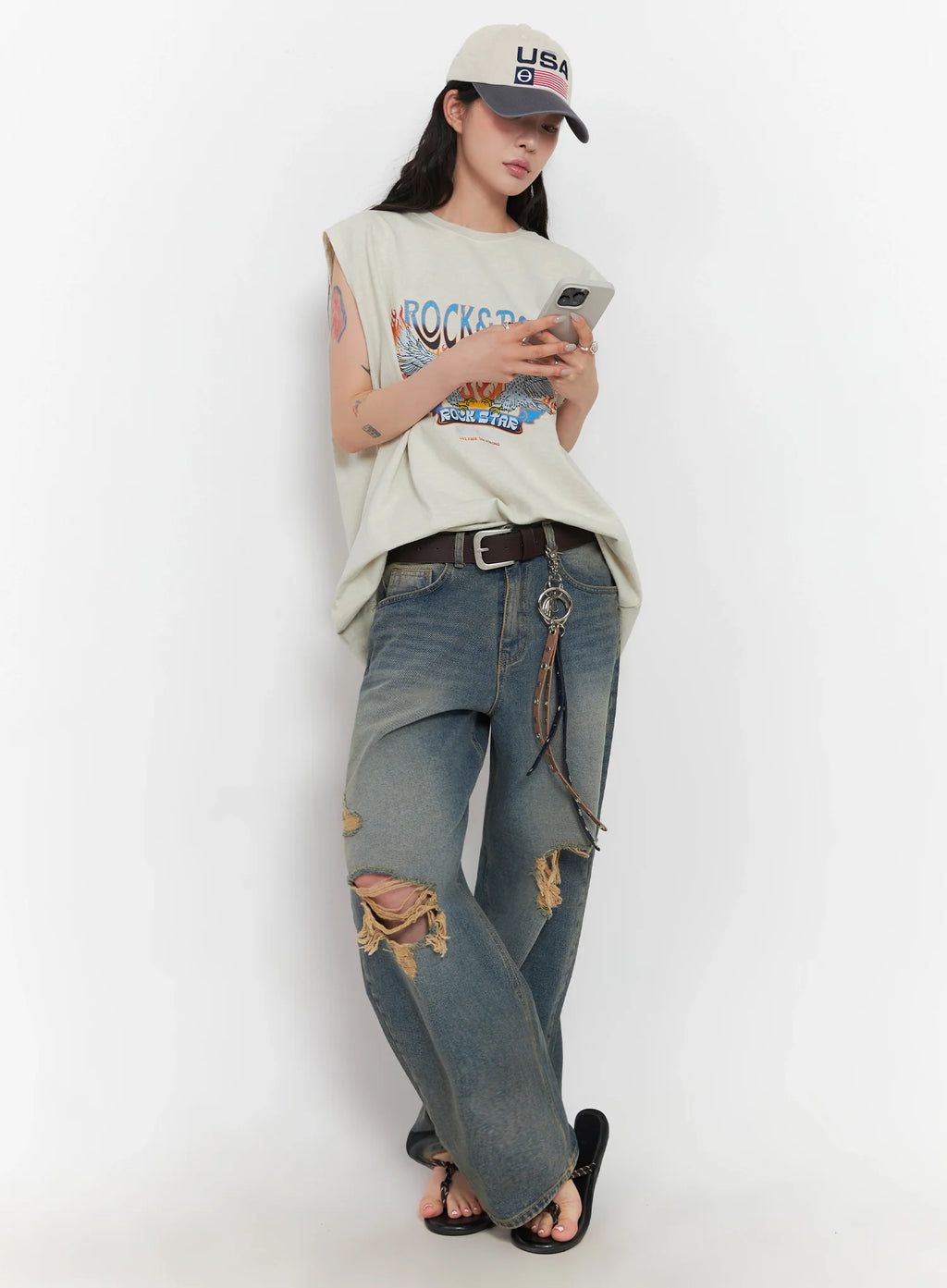 Jeemin Vintage Distressed Wide-Leg Denim Jeans IC503