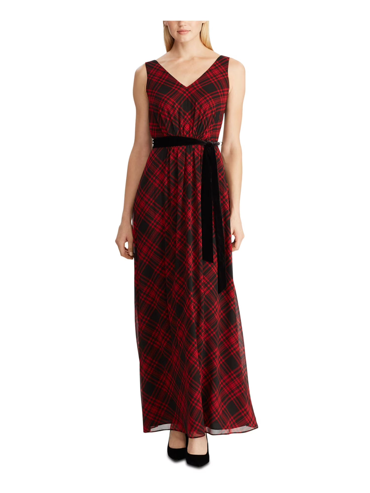 Black Plaid Sleeveless V Neck Maxi Sheath Dress O34495