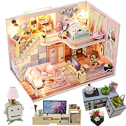 Dollhouse Miniature with Furniture Kit, Handmade DIY House Model E347