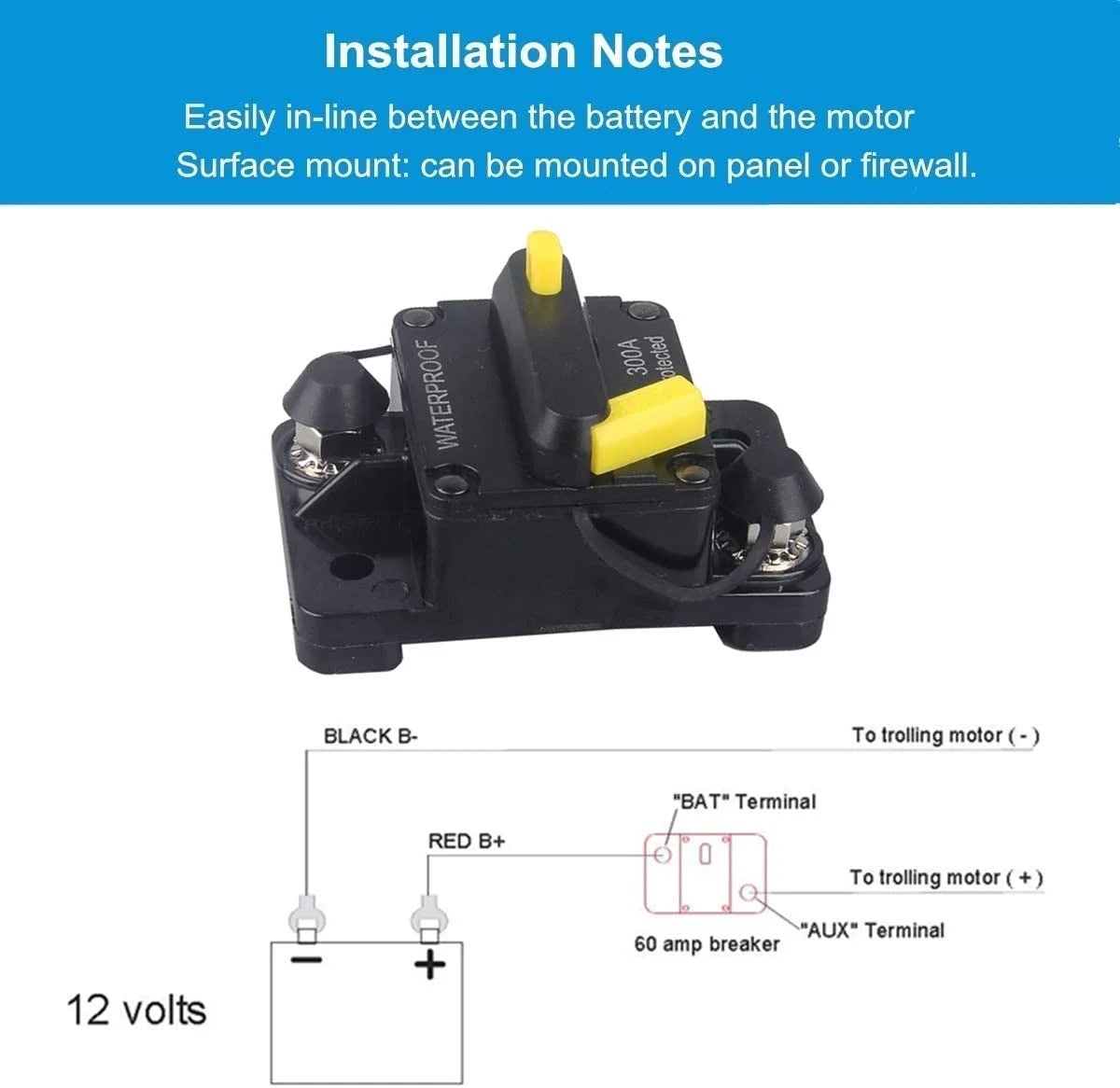 300 Amp Circuit Breaker DC 12V -48V Waterproof Manual Reset (300A) N724