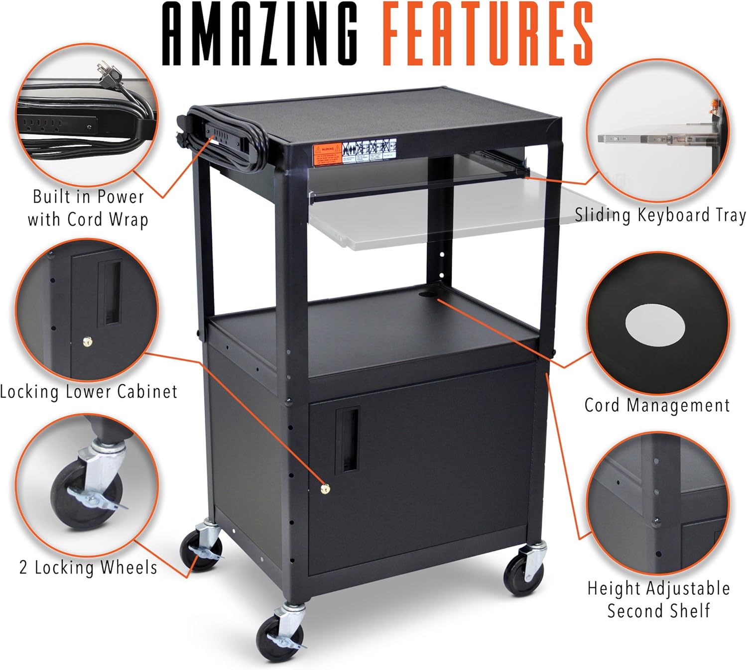 Black Height Adjustable Utility Cart with Locking Cabinet Y2538