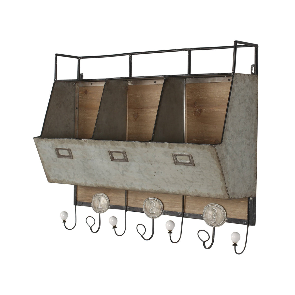 Antique White Wood and Metal Wall Storage Pockets with Hooks C96032