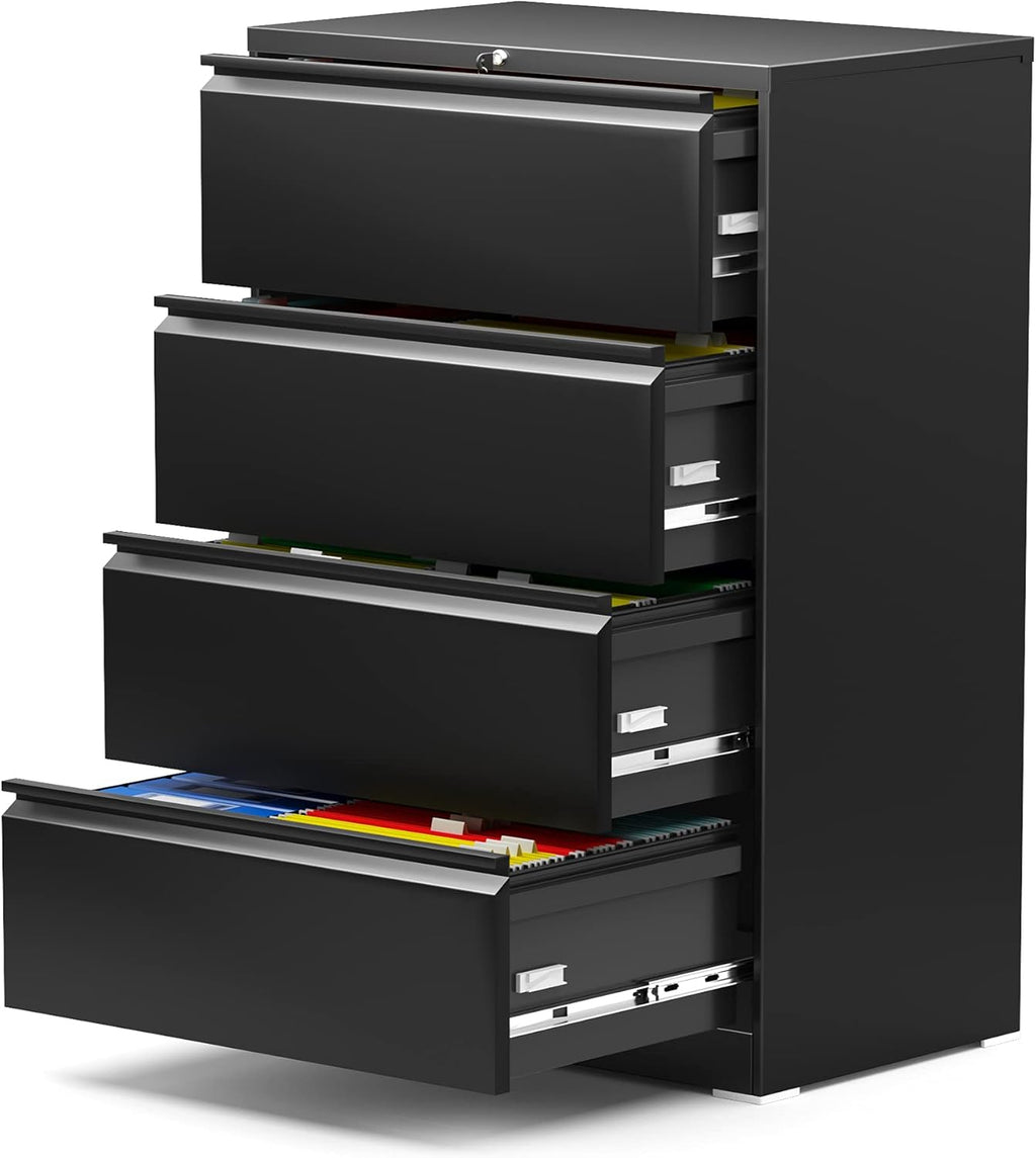 Metal 4 Drawer Lateral File Cabinet, Locking Office Filing Cabinet, Steel Files Cabinet (Black, 52'') K2336