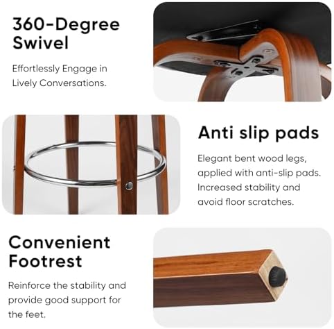 Set of 2 PU Leather Swivel Barstools with Wooden Back and Legs N112