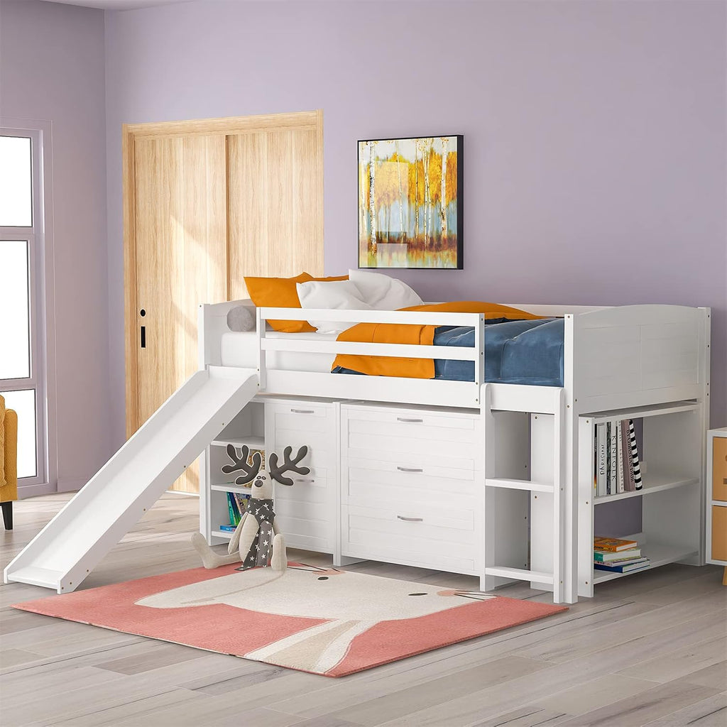 Twin Wooden Loft Bed with Slide, Cabinet Drawers and Book Shelves A7035