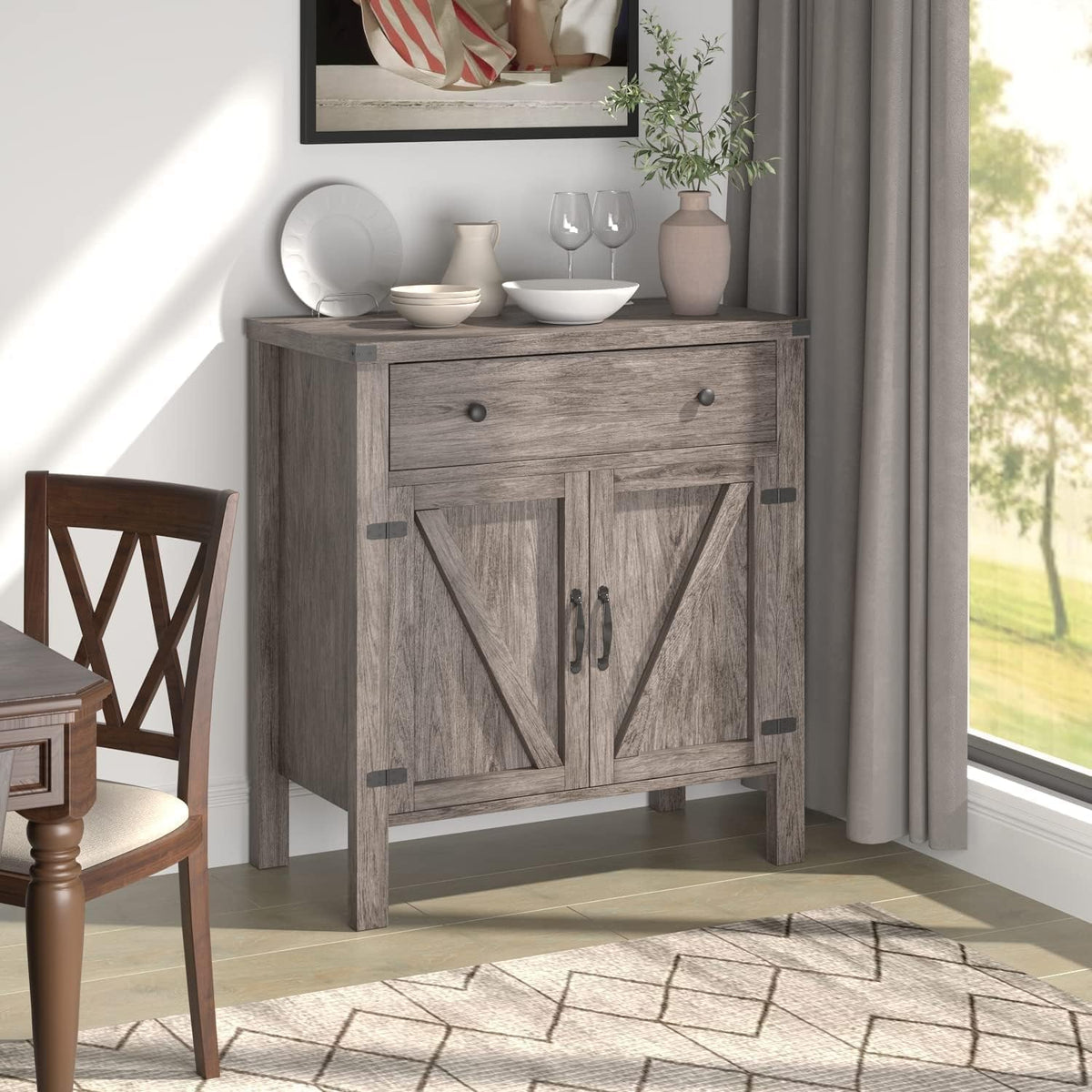 Grey Wash Buffet Cabinet with Barn Doors and Drawer G7679