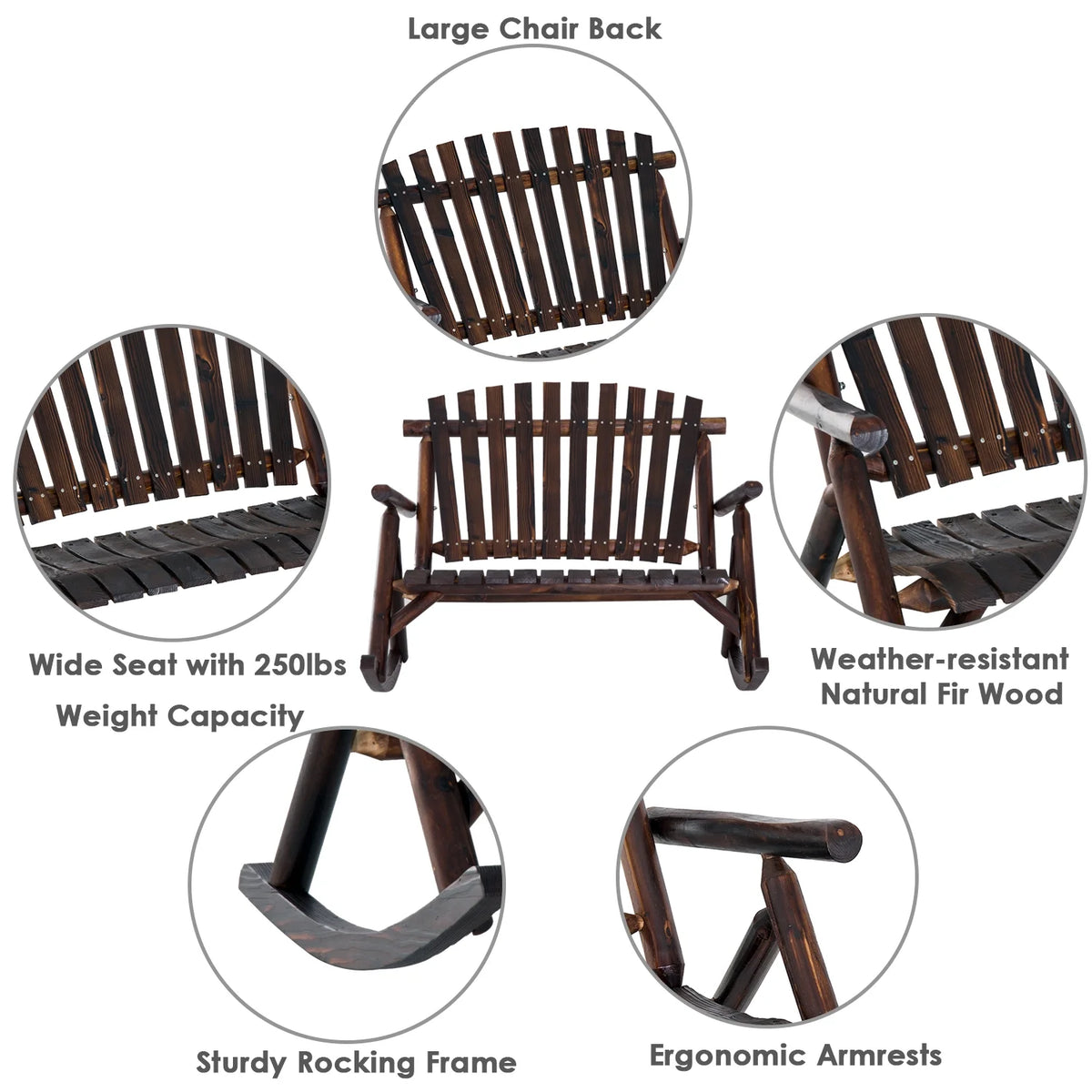 Rustic Double Rocking Chair Adirondack Bench, Fir Wood Y9203