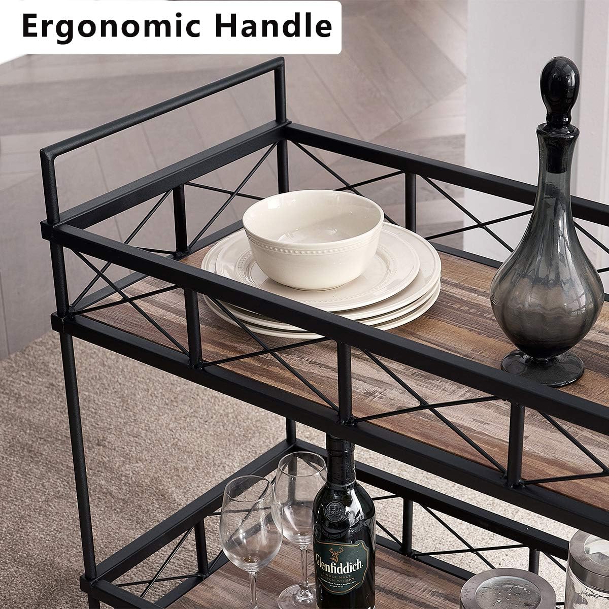 Vintage Brown 2-Tier Rectangular Rolling Bar Cart G7671