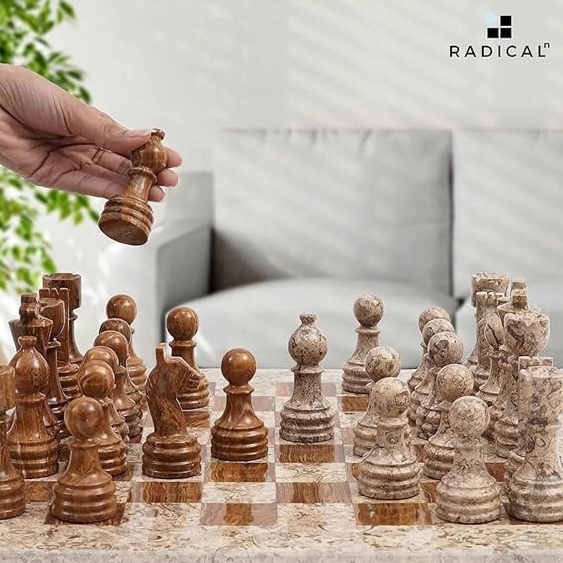Marble Chess Set 15 Inches Fossil Coral and Dark Brown Handmade Chess Board with 32 Chess Pieces U483209