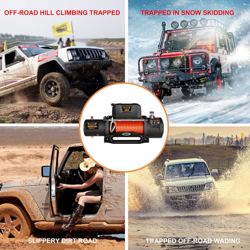 9500 lbs 12V Electric Winch Kit with Synthetic Rope, Waterproof Cover, Hawse Fairlead, Wireless and Corded Remote V2602