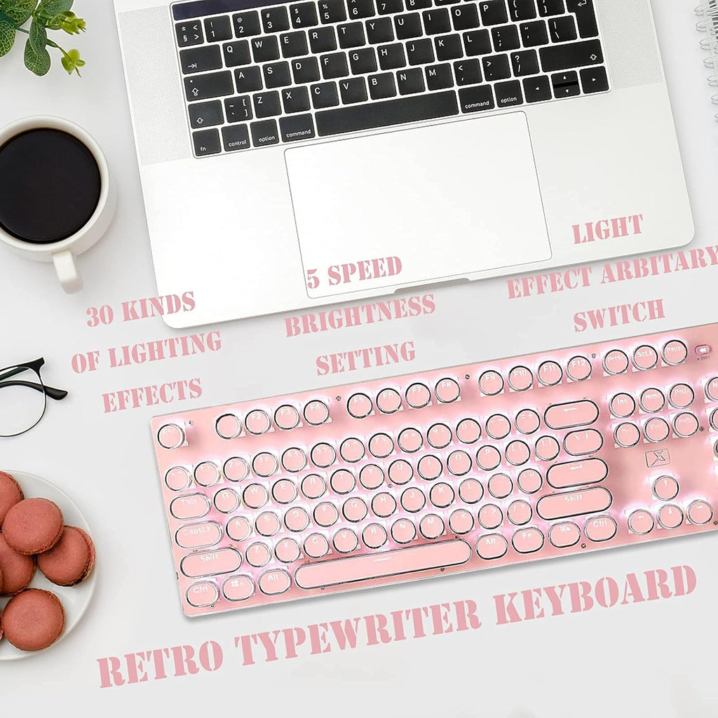 Pink Retro Typewriter-Style Wired Gaming Keyboard and Mouse Combo D9296
