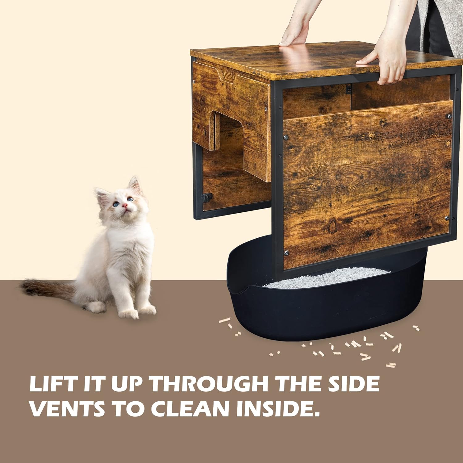 Rustic Brown and Black Cat Litter Box Enclosure with Magnetic Door J928502