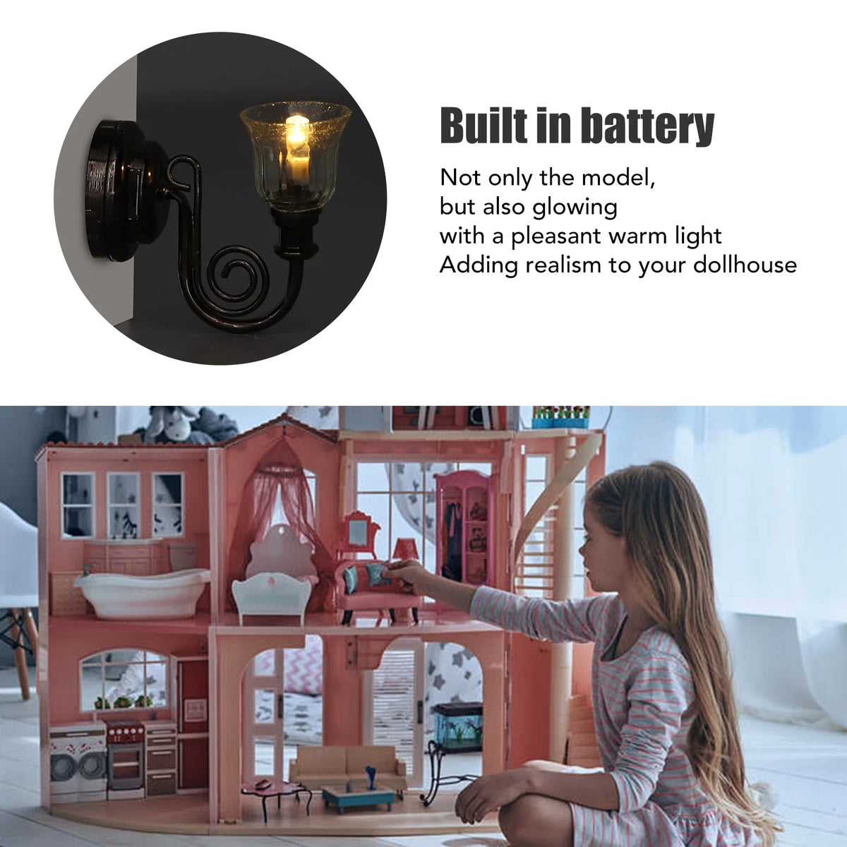 1:12 Dollhouse Wall Lamp LED Warm Lighting Metal Miniature Wall Sconce with Battery U725