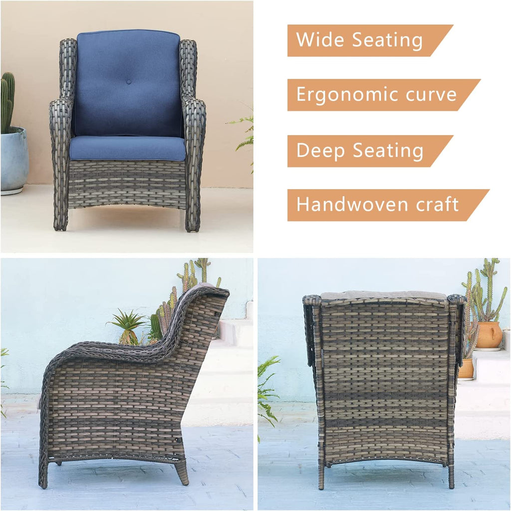 5 Piece Rattan Sectional Sofa Set with 3-Seat Couch 2 Armchairs 2 Ottoman Footrests Grey/Blue A193