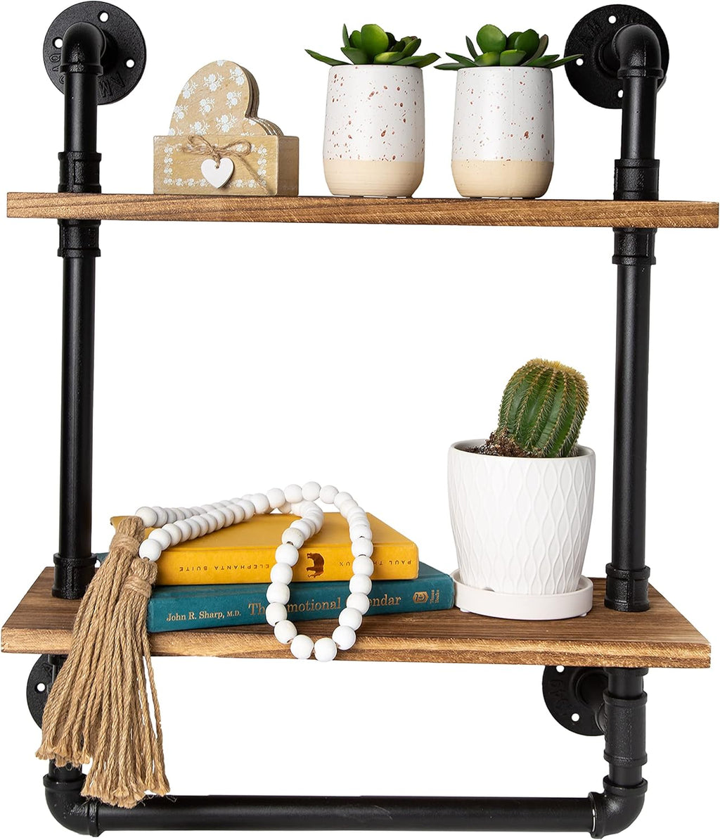 Industrial Bathroom Shelf with Pipe Towel Bar, 3-Tier Wall Mount Towel Rack in Black Matte V3320