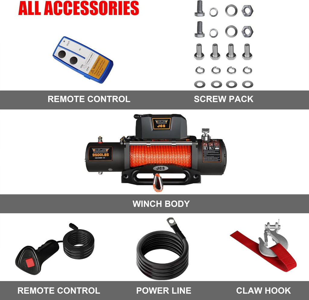 9500 lbs 12V Electric Winch Kit with Synthetic Rope, Waterproof Cover, Hawse Fairlead, Wireless and Corded Remote V2602