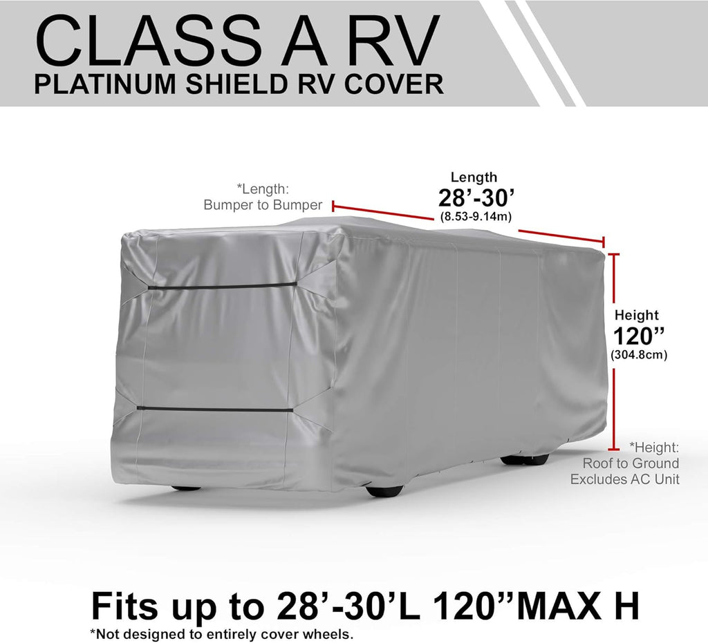 Weatherproof RV Cover for Class A RV 28' - 30' Long with Fleece Lining, Cable Lock, Storage Bag & Wind Straps Q490650