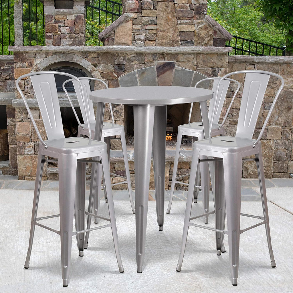 30 Round Silver Metal Bar Table Set with 4 Cafe Stools F39431