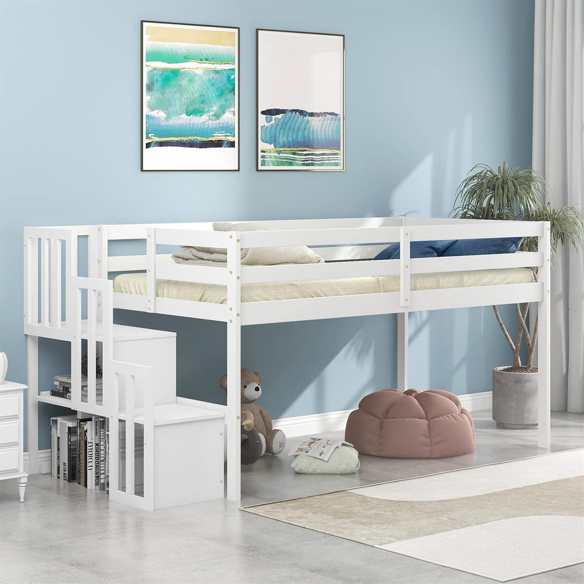Twin Wooden Loft Bed with Slide, Cabinet Drawers and Book Shelves A7035