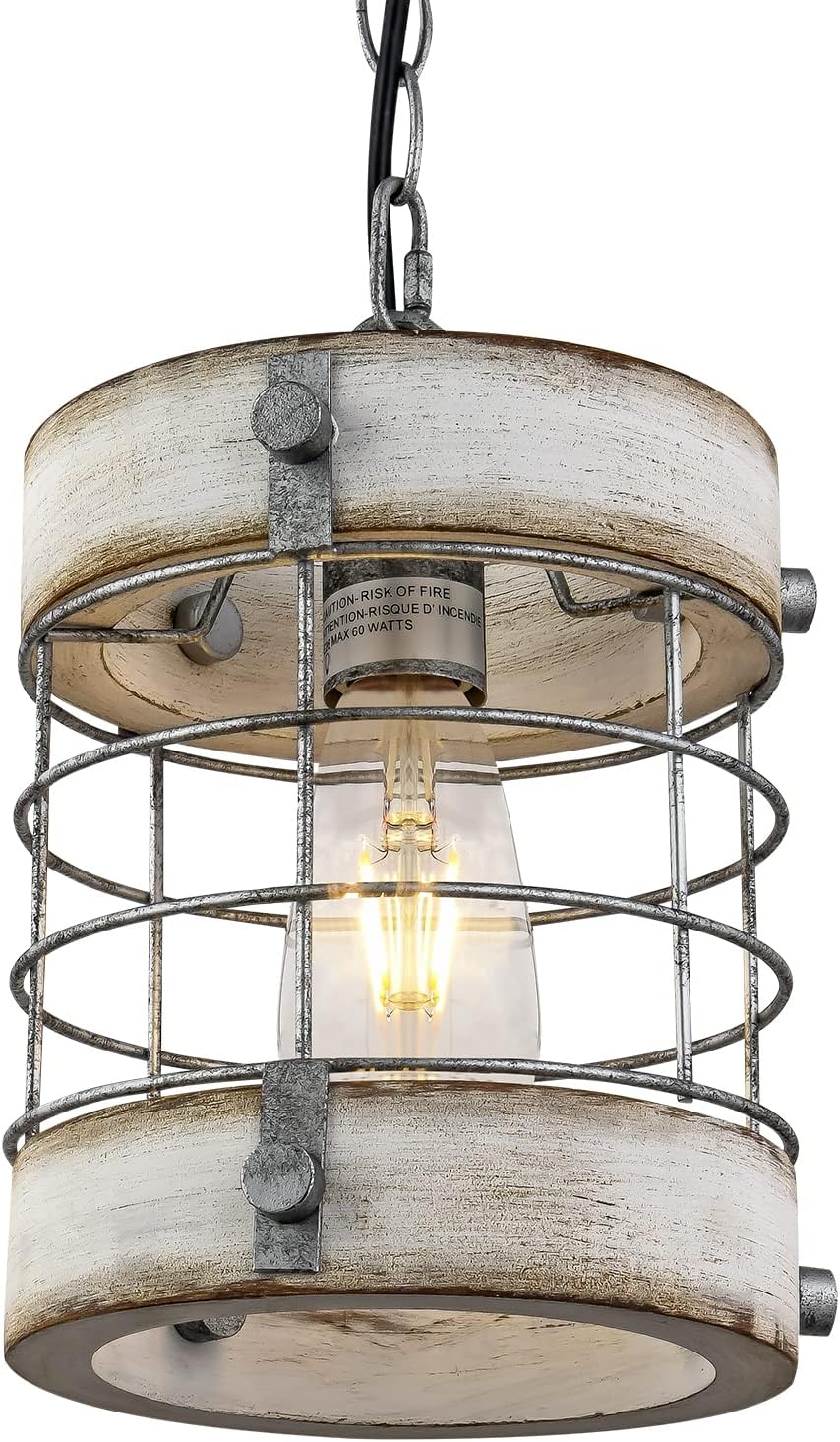 Retro Industrial Metal and Wood 1-Light Round Cage Pendant Light Fixture, D 7.9 x H 8.7 (White) M28411