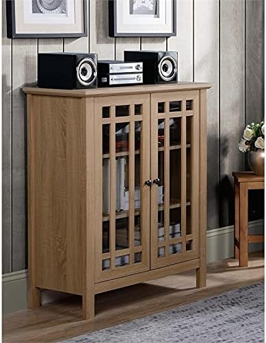 Light Oak Wood Sideboard Buffet with Double Framed Tempered Glass Doors P105