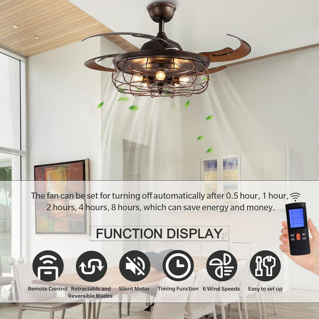 Retractable Industrial Ceiling Fan Light Chandelier with Remote Control Rusty 48 Inch 5 Light 4 Fan Blades Y679