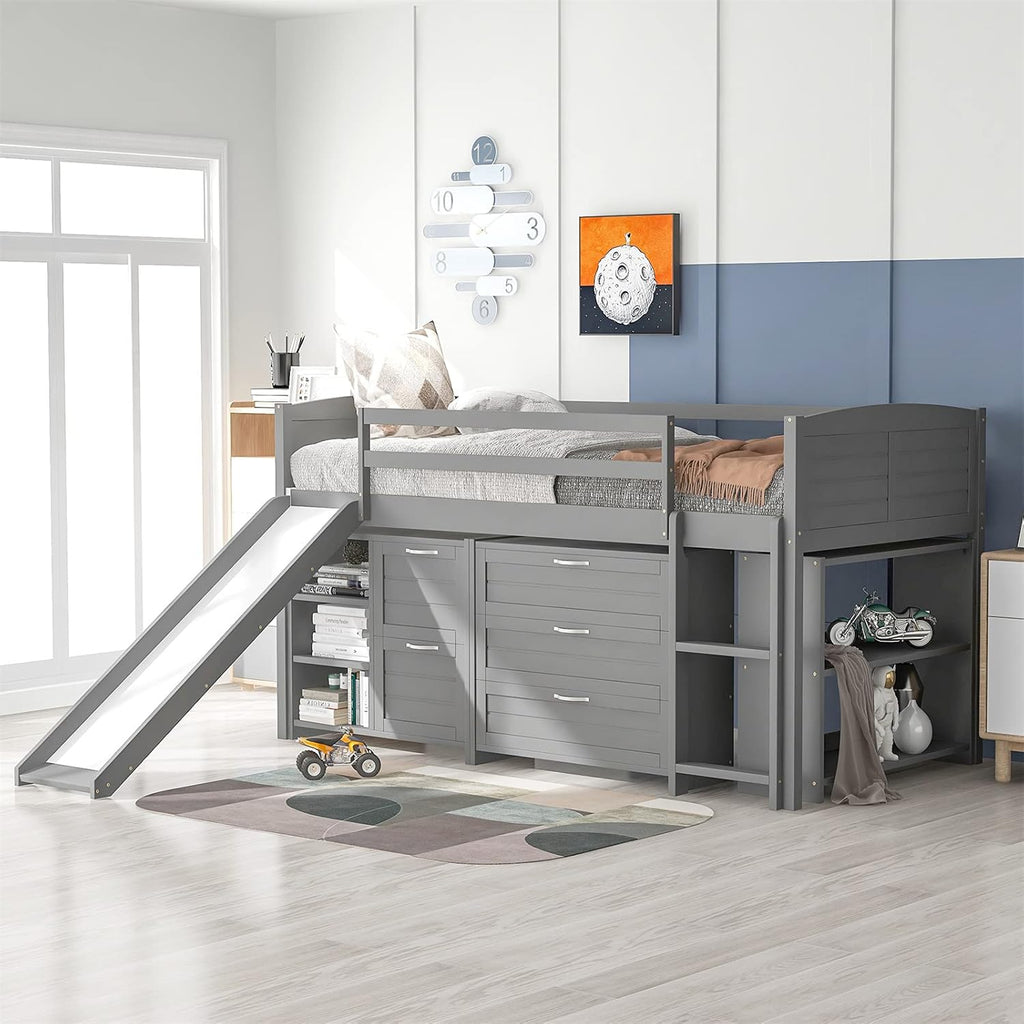 Twin Wooden Loft Bed with Slide, Cabinet Drawers and Book Shelves A7035