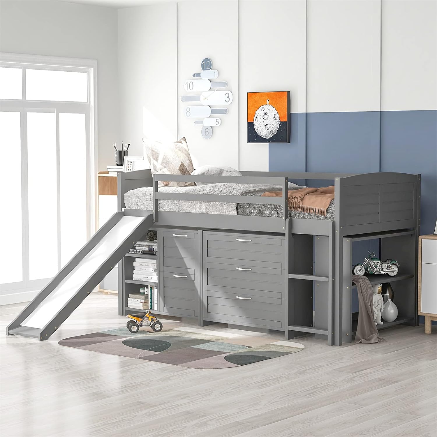 Twin Wooden Loft Bed with Slide, Cabinet Drawers and Book Shelves A7035