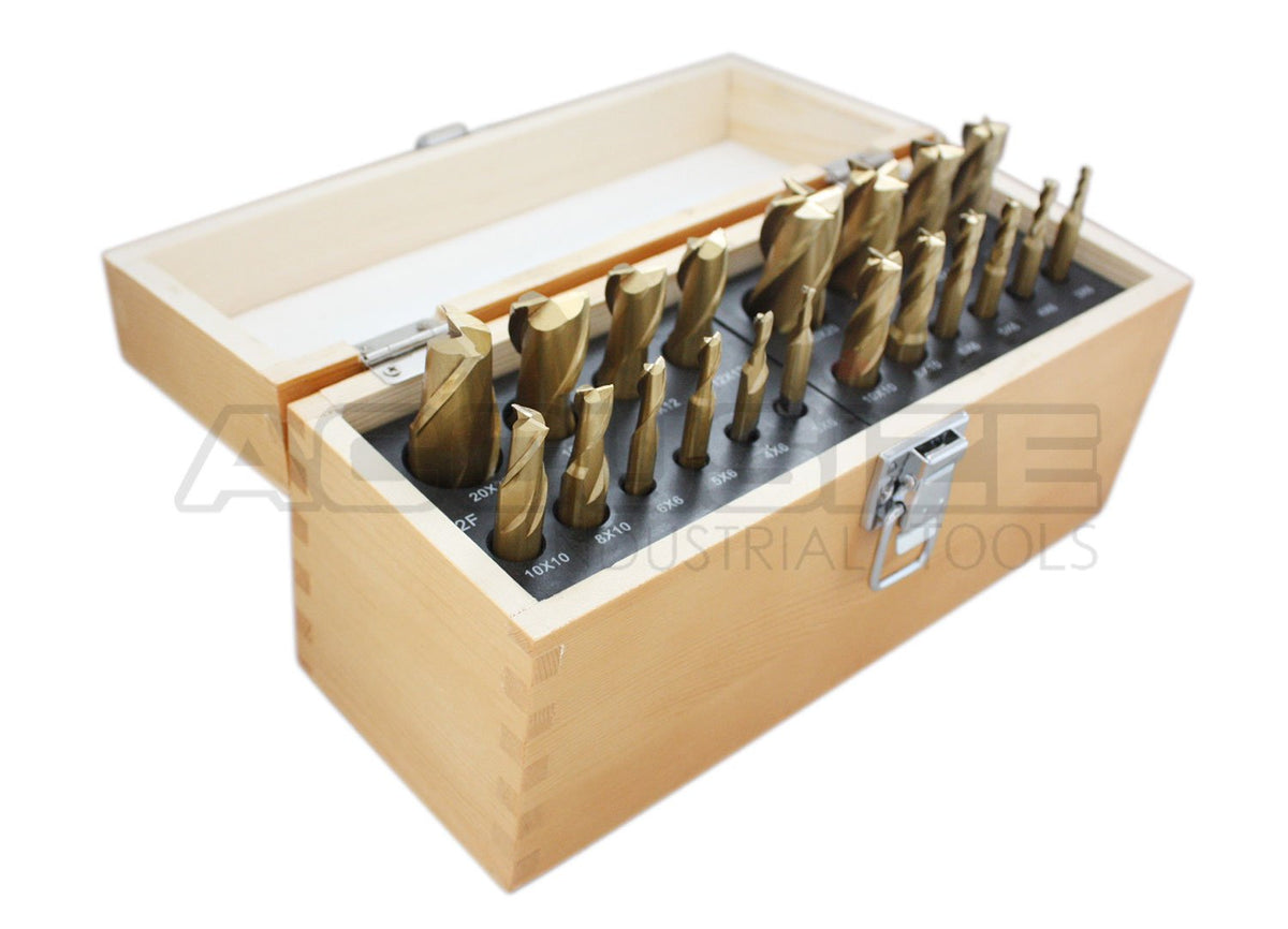 20 Pc H.S.S. Tin Coated End Mill Set, Metric Size, 2 Flute and 4 Flute P9278