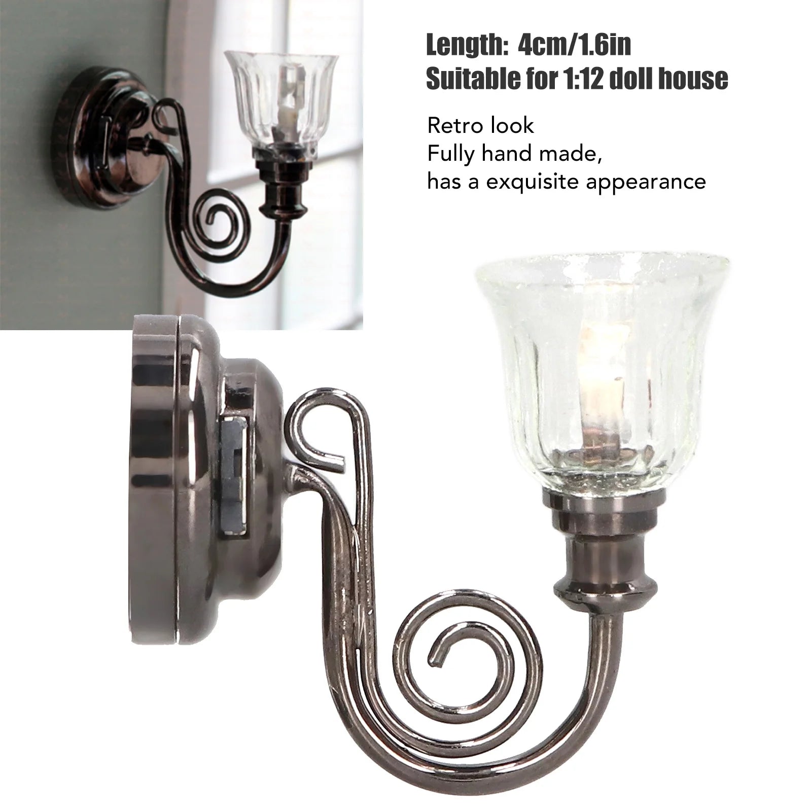 1:12 Dollhouse Wall Lamp LED Warm Lighting Metal Miniature Wall Sconce with Battery U725