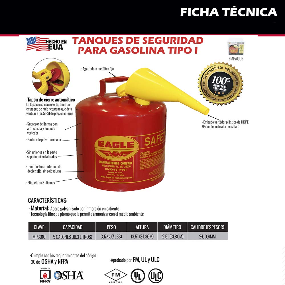 Red Galvanized Steel Type I Gasoline Safety Can with Funnel, 5 gallon Capacity I384960