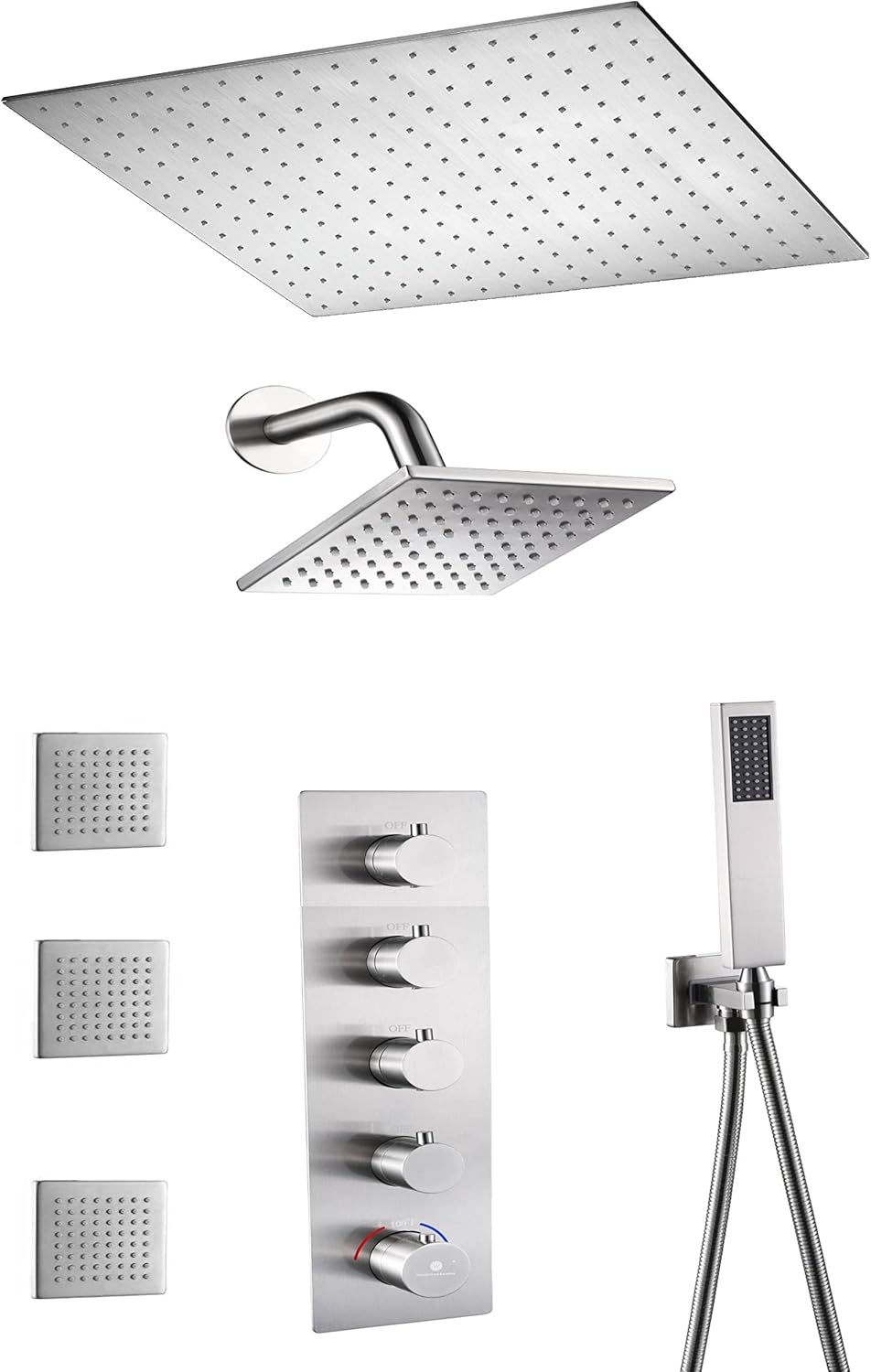 Matte Black 4 Way Thermostatic Shower Valve System with Body Jets, Handheld, 6" High Pressure Head and 20" Rain G525426